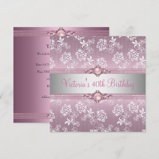 40e Pink White Silver Lace Floral Birthday Party Kaart (Voorkant / Achterkant)