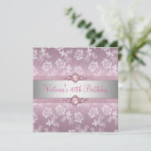 40e Pink White Silver Lace Floral Birthday Party Kaart (Staand voorkant)