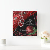 40e Robijn Rood Glitter en Roze Jubileum Vierkante Klok (Huis)