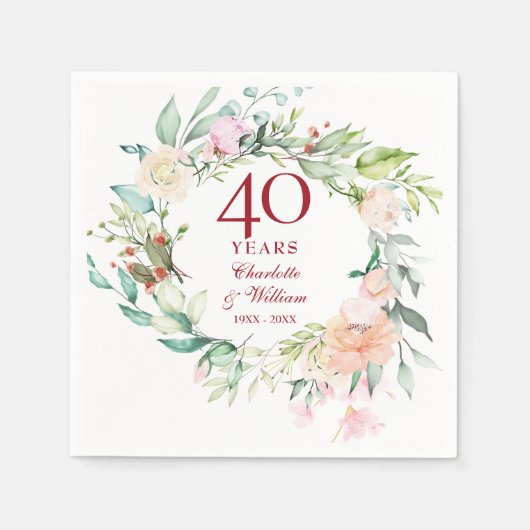 40e Robijnen Bruiloftsjubileum Guirlande Bloemen Servet (Voorkant)