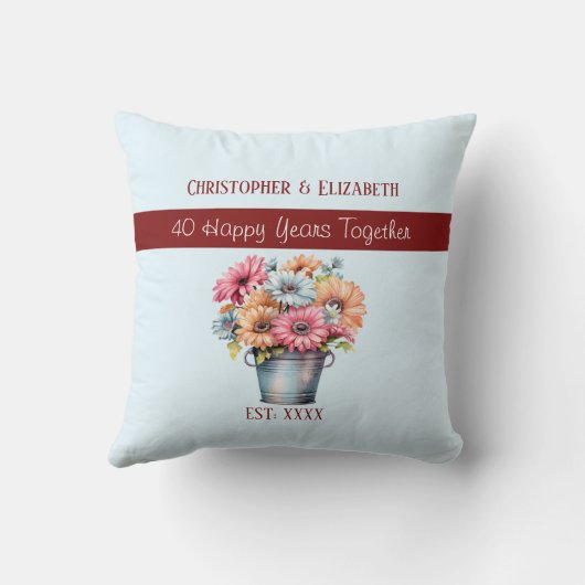 40e robijnen huwelijksjubileum bloemen blauw kussen (Achterkant)