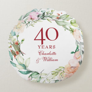 40e Robijnen Huwelijksjubileum Elegante Bloemen Rond Kussen