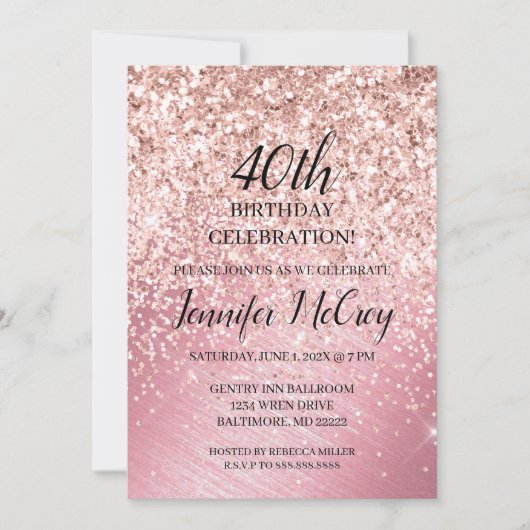 40e Roos Gold Glitter Fab Glam Birthday Party Inv Kaart (Voorkant)