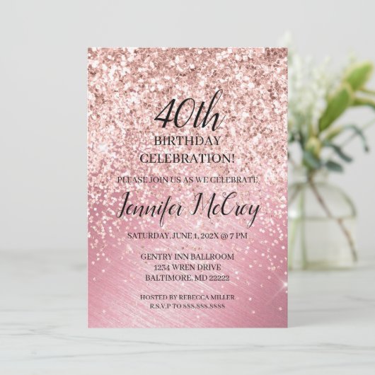 40e Roos Gold Glitter Fab Glam Birthday Party Inv Kaart (Staand voorkant)