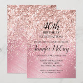 40e Roos Gold Glitter Fab Glam Birthday Party Inv Kaart (Voorkant / Achterkant)