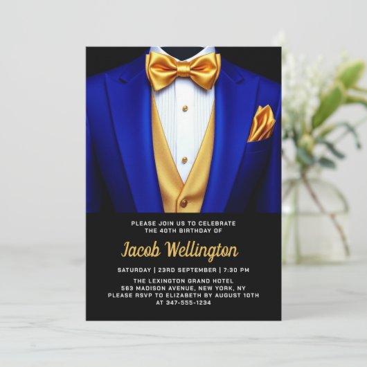 40e Royal Blue en Gold Tuxedo verjaardagsevenement Kaart (Staand voorkant)