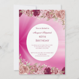 40e roze bloemen roze rozen Birthday Party Kaart