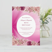 40e roze bloemen roze rozen Birthday Party Kaart (Staand voorkant)