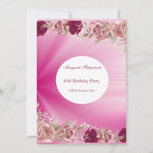 40e roze bloemen roze rozen Birthday Party Kaart (Achterkant)