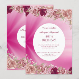 40e roze bloemen roze rozen Birthday Party Kaart