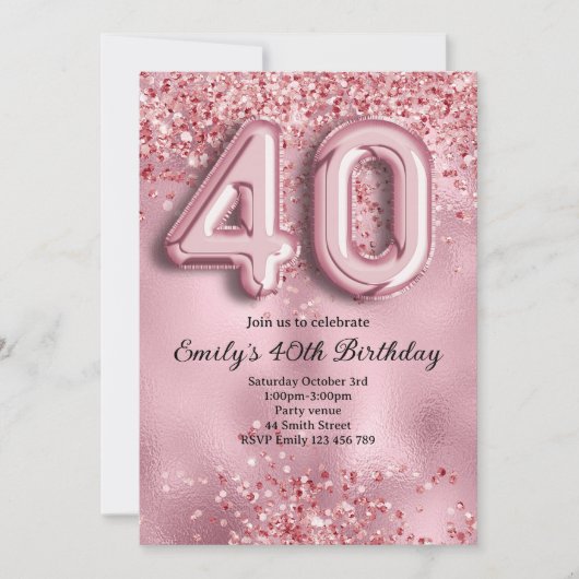 40e Roze Glitter Verjaardag Kaart (Voorkant)