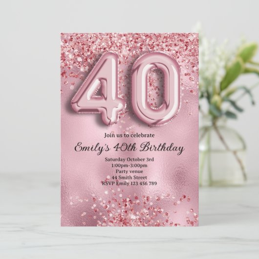40e Roze Glitter Verjaardag Kaart (Staand voorkant)
