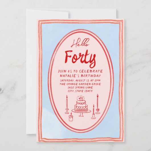 40e Roze Hand Geschreven Getrokken Taart Eigenzinn Kaart (Voorkant)