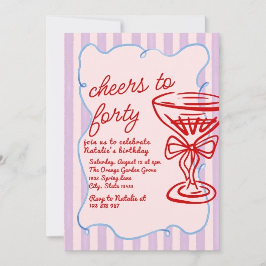 40e Roze Hand getekend Kleurrijke Champagne Verjaa Kaart (Voorkant)