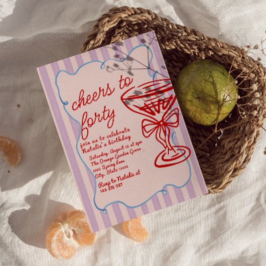 40e Roze Hand getekend Kleurrijke Champagne Verjaa Kaart