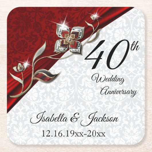 40e Ruby Bloemen Bruiloft Jubileum 💞 Kartonnen Onderzetters (Voorkant)
