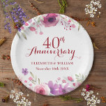 40e Ruby Bruiloft Jubileum Rozen Bloemen Papieren Bordje<br><div class="desc">Met delicate waterverf rozen boven en onder uw gepersonaliseerde speciale veertig jaar robijn trouwdag informatie in chique belettering. Ontworpen door Thisnotme©</div>