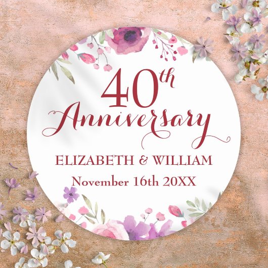 40e Ruby Bruiloft Jubileum Waterverf Rozen Ronde Sticker