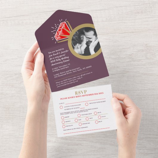 40e Ruby huwelijksverjaardag ring maaltijd RSVP fo All In One Uitnodiging (Afscheurbaar)