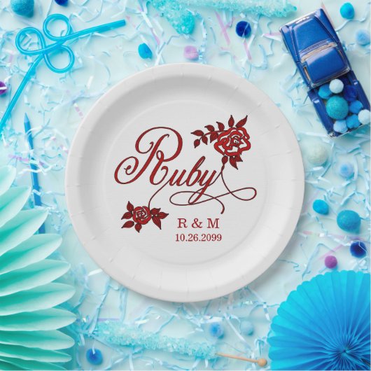 40e Ruby-Jubileum met datum en Initialen Papieren Bordje (Feest)