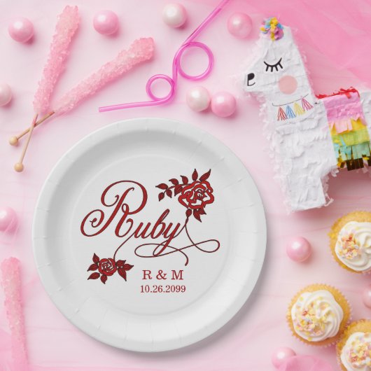 40e Ruby-Jubileum met datum en Initialen Papieren Bordje (Feest)