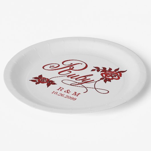 40e Ruby-Jubileum met datum en Initialen Papieren Bordje (Gekanteld)