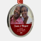 40e Ruby Jubileum Red Damask Foto met Kerstmis Metalen Ornament (Rechts)