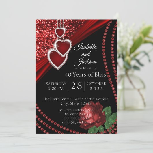 40e Ruby Red Glitter en Roos Jubileum Kaart (Staand voorkant)