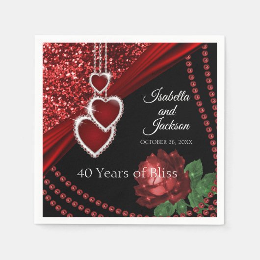 40e Ruby Red Glitter en Roos Jubileum Servet (Voorkant)