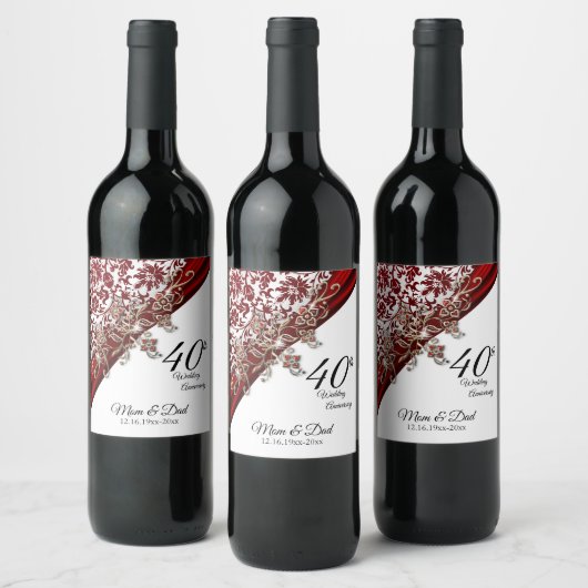 40e Ruby Red & White Wedding Jubileum Wijn Etiket (Flessen)