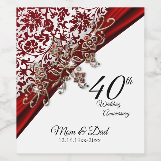 40e Ruby Red & White Wedding Jubileum Wijn Etiket (Enkel label)