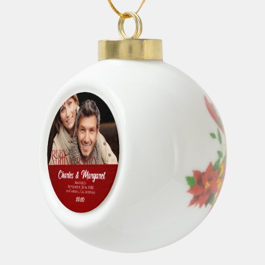40e Ruby Wedding Annivsersary Red Damask Foto Keramische Bal Ornament (Rechts)