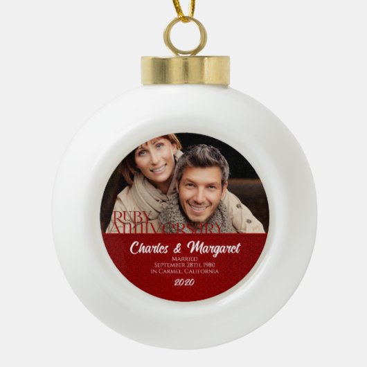 40e Ruby Wedding Annivsersary Red Damask Foto Keramische Bal Ornament (Voorkant)
