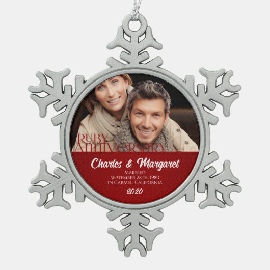 40e Ruby Wedding Annivsersary Red Damask Foto Tin Sneeuwvlok Ornament (Voorkant)