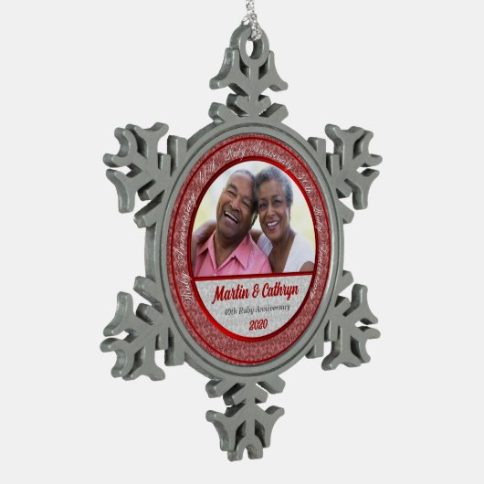 40e Ruby Wedding Annivsersary Red Foto Tin Sneeuwvlok Ornament (Links)