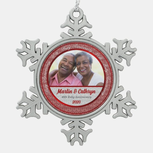 40e Ruby Wedding Annivsersary Red Foto Tin Sneeuwvlok Ornament (Voorkant)