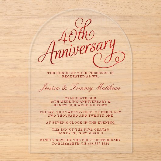 40e Ruby Wedding Jubileum Acryl Uitnodigingen (Voorkant)