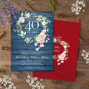 40e Ruby Wedding Jubileum Blue Rustic Floral Kaart