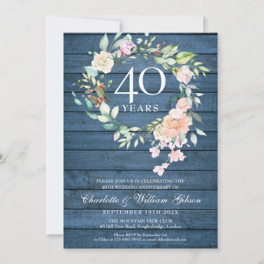 40e Ruby Wedding Jubileum Blue Rustic Floral Kaart (Voorkant)