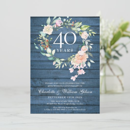 40e Ruby Wedding Jubileum Blue Rustic Floral Kaart (Staand voorkant)