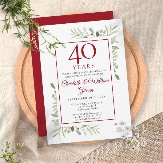40e Ruby Wedding Jubileum Elegant Greenery Kaart