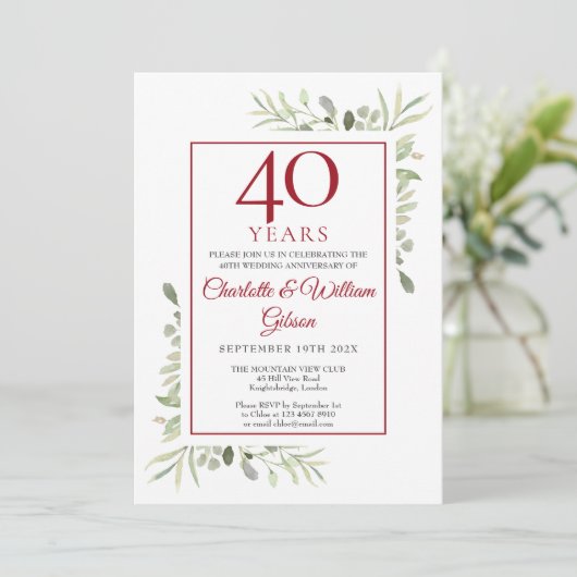 40e Ruby Wedding Jubileum Elegant Greenery Kaart (Staand voorkant)
