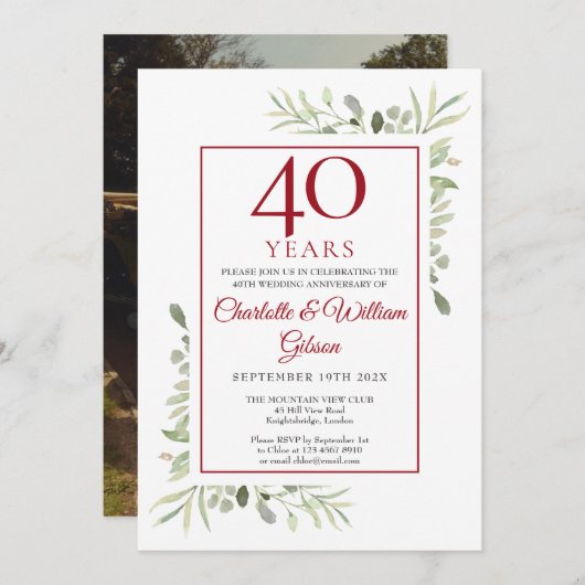 40e Ruby Wedding Jubileum Greenery Foto Kaart (Voorkant / Achterkant)