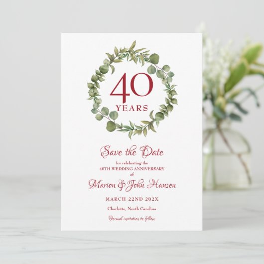 40e Ruby Wedding Jubileum Greenery Garland Save The Date (Staand voorkant)