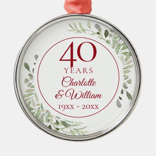 40e Ruby Wedding Jubileum Greenery Metalen Ornament (Voorkant)