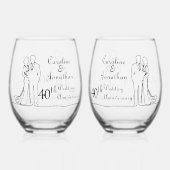 40e Ruby Wedding Jubileum Line Art Paar Wijnglas Zonder Voet (Voorkant)