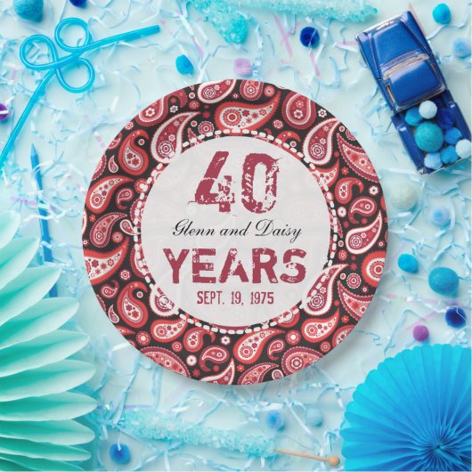 40e Ruby Wedding Jubileum Paisley Pattern Papieren Bordje (Feest)