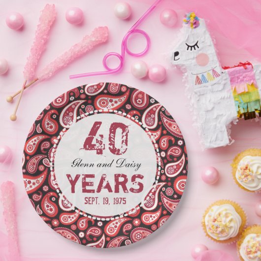 40e Ruby Wedding Jubileum Paisley Pattern Papieren Bordje (Feest)