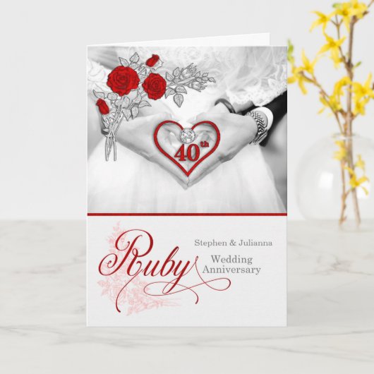 40e Ruby Wedding Jubileum Red Heart Kaart (Gele Bloem)