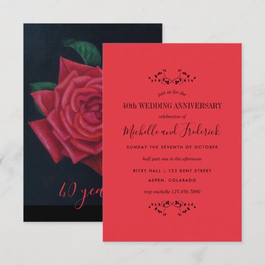 40e Ruby Wedding Jubileum Red Rose-uitnodiging Kaart (Voorkant / Achterkant)